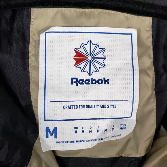 Reebok Down Puffer Jacket Mens M Tan Black Hooded Warm Functional Hiking 44x31 - Picture 9 of 11